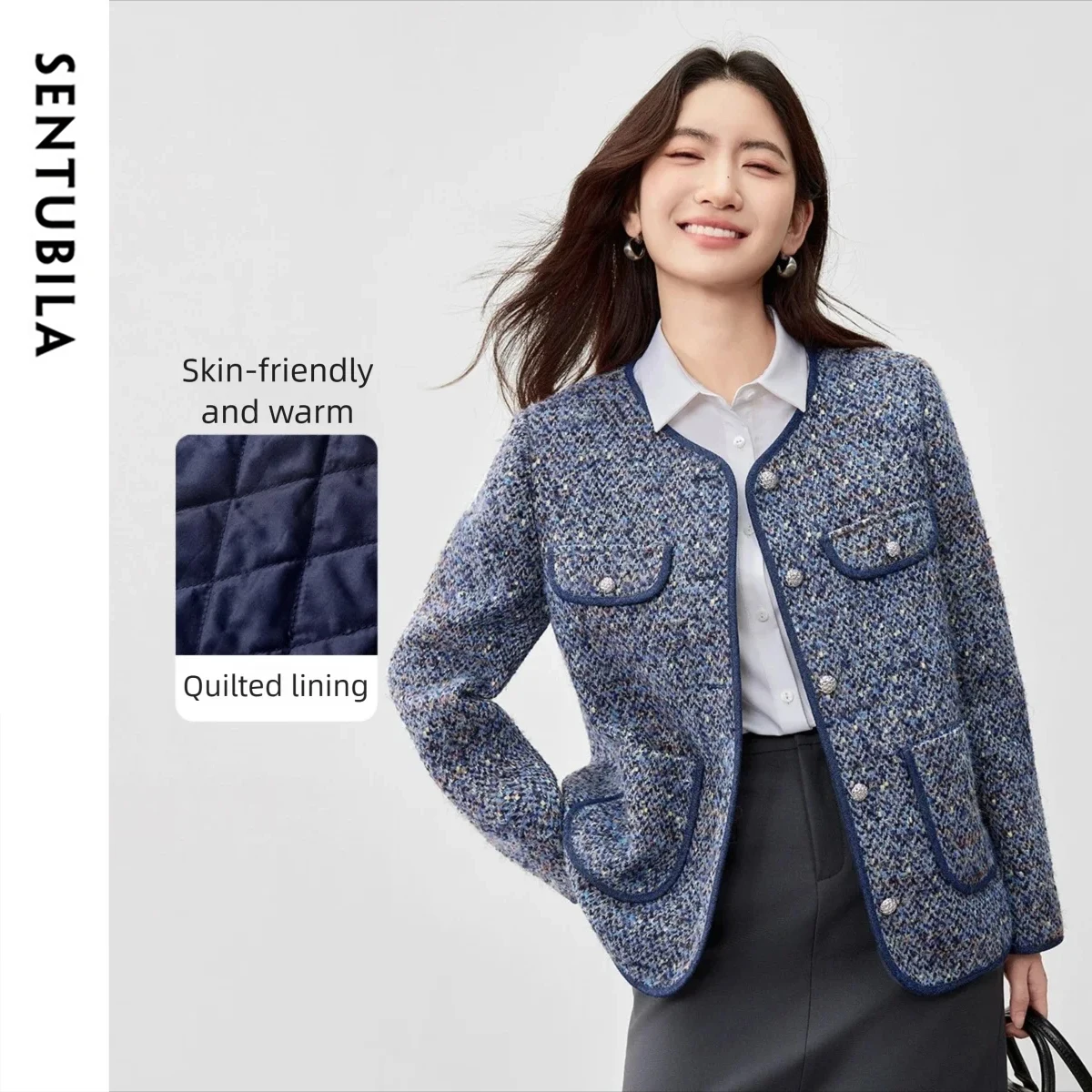 

SENTUBILA женская твидовая пригородная куртка 2025, зимняя цветная куртка с круглым вырезом и металлической пряжкой, свободное пальто с хлопковой подкладкой 154W80329