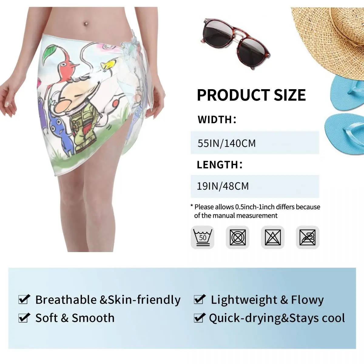 Personalizado pikmins impressão desenhos animados curto sarongs maiô cover-ups impresso bikini envoltório sheer sarong praia envoltório