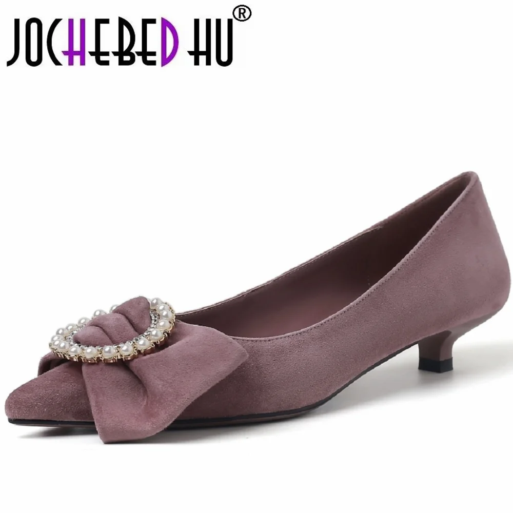 

【JOCHEBED HU】Handmade Top Quality Women's Pumps Sheep Suede Pointed Toe Butterfly Knot Low Heels Summer Shoes Party 33-40