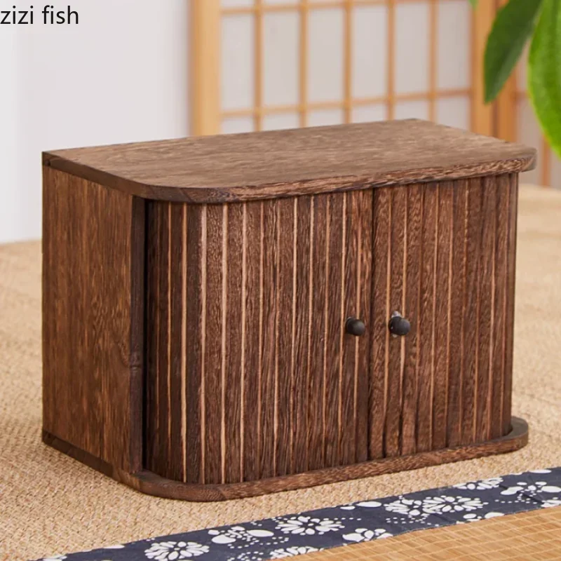 Solid Wood Storage Box Dustproof Display Rack Rolling Shutter Door Tea Cup Storage Rack Cabinet Organizer Desktop Shelf