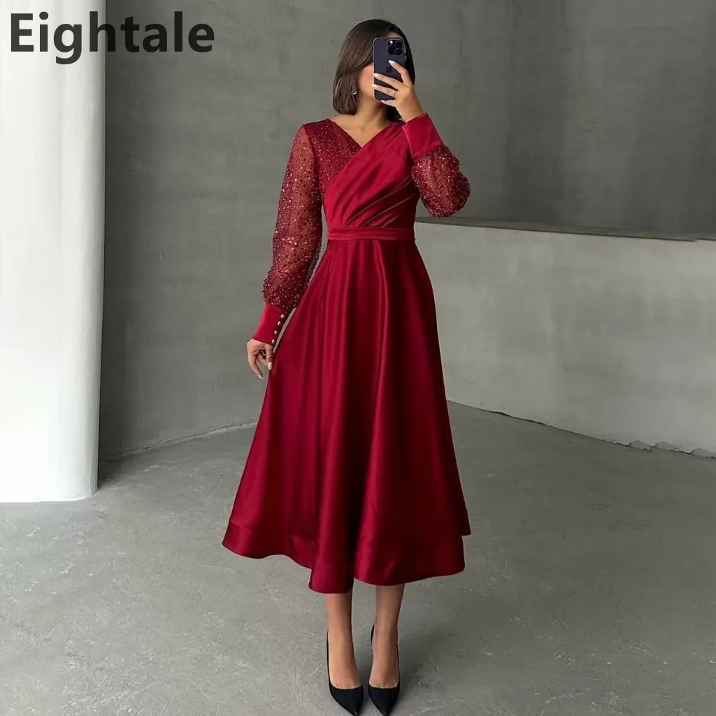 

Eightale 2025 Shinning Sequin Long Sleeve Tea Length Prom Dress Evening Dress Women Formal Party Gown Customized