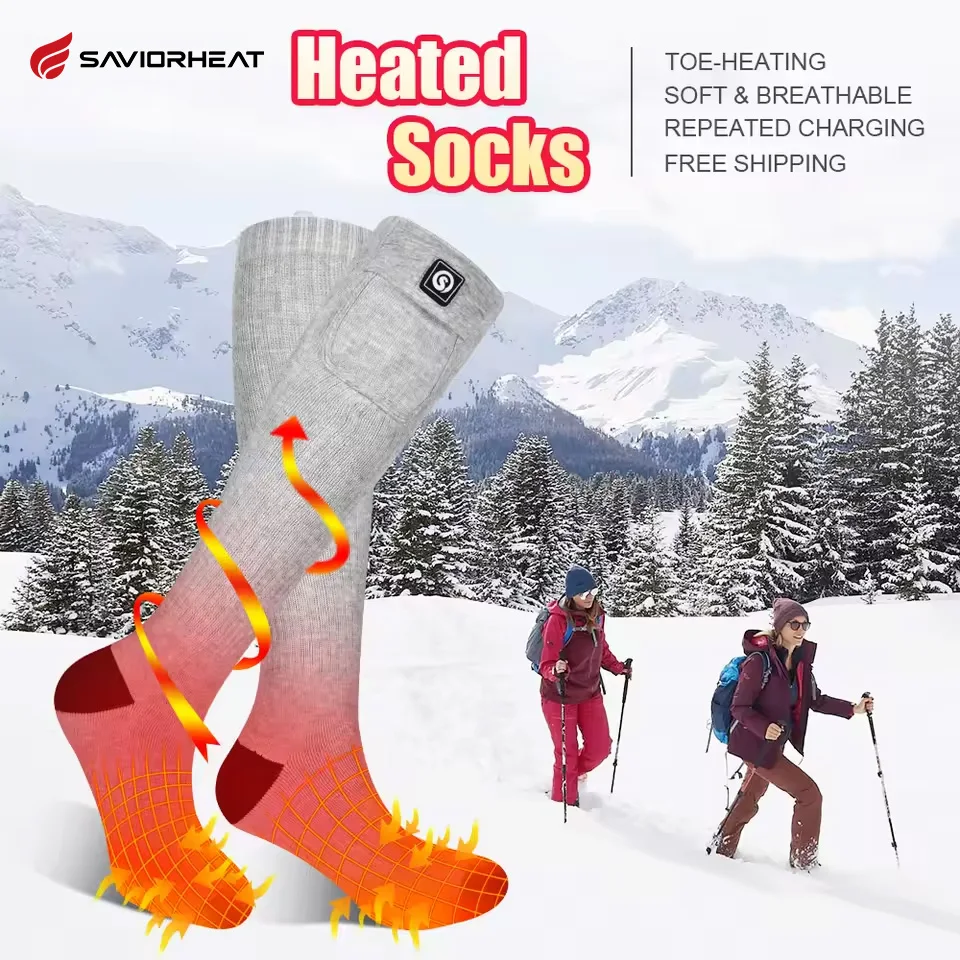 SAVIOR Calzini termici riscaldati invernali grigi per adulti Guanti da sci a mano caldi con batteria ricaricabile impermeabile al vento 100% cotone Comfort