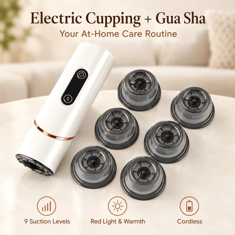 Electric Cupping Massager, Foldable Gua Sha Set with 6 Cups, Red Light Heat, 9 Suction Levels, Rechargeable for Home Body Spa