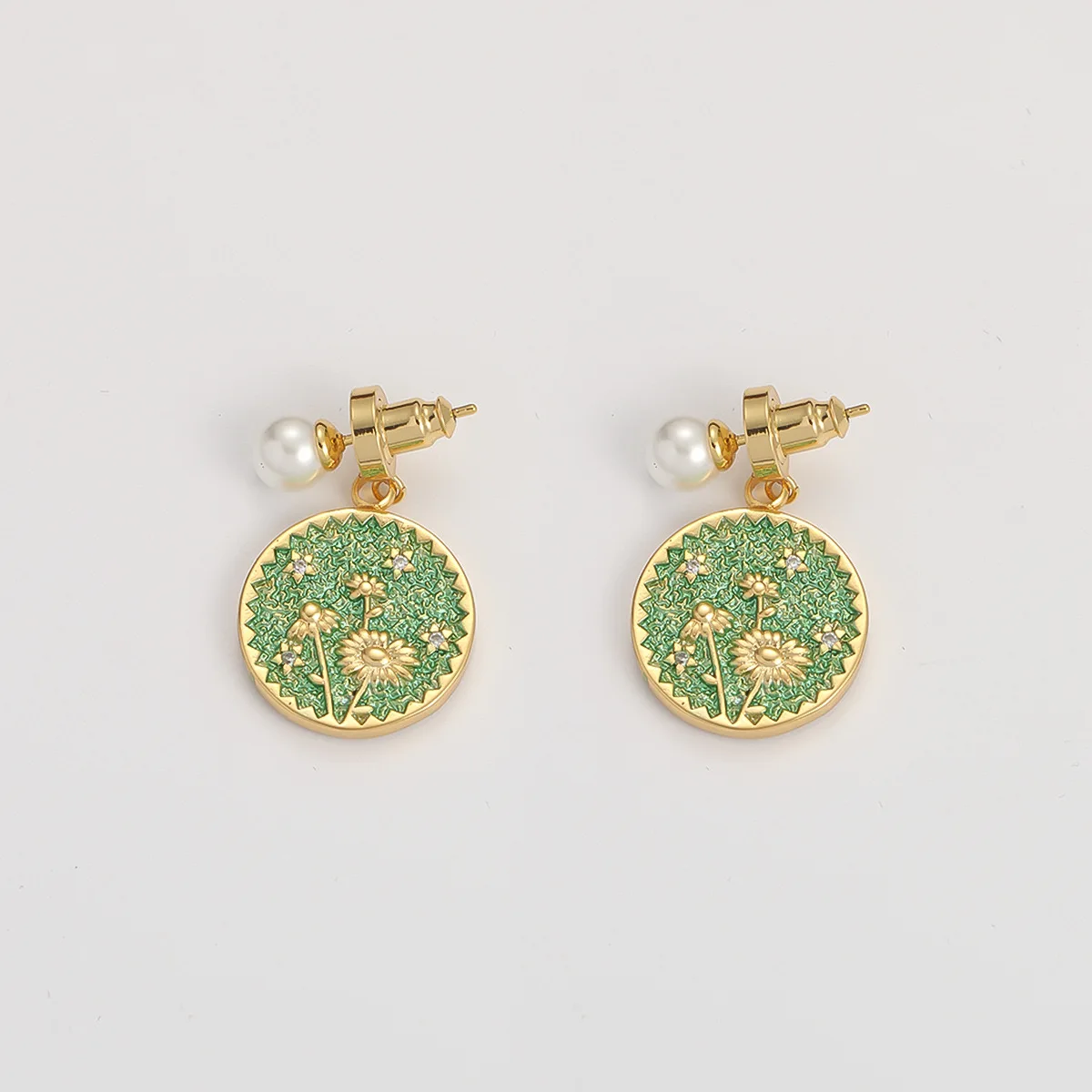 

18K Gold Plated Drop Earrings, Round Stamp with Enamel Green Flower Painting, with White Pearl Stud, for woman