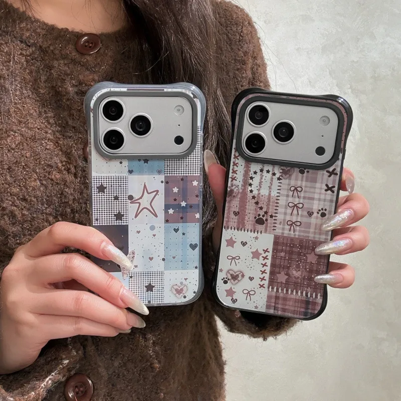 

Korean Ins Star Plaid Pattern Magnetic Phone Case For iPhone 17 Pro 16 15 14 Pro Max Cover Cases For Magsafe Cute Protective Fun