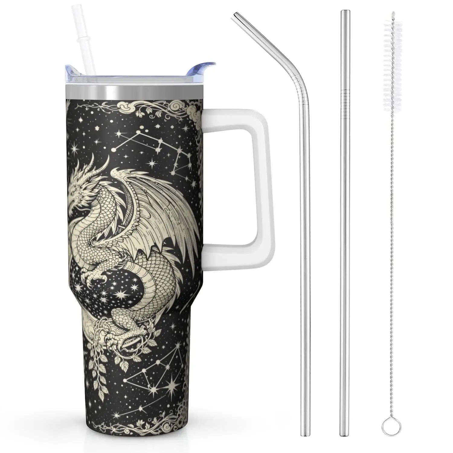 Dragon Handle Cup Set with Straw, Maximum Capacity 40oz, Inner Layer 304 Stainless Steel, Outer Layer 201 Stainless Steel, Seamless Inner Liner, Lid Made of PC Material, Suitable for Home, Office, Outdoor, Sports, and Car Use