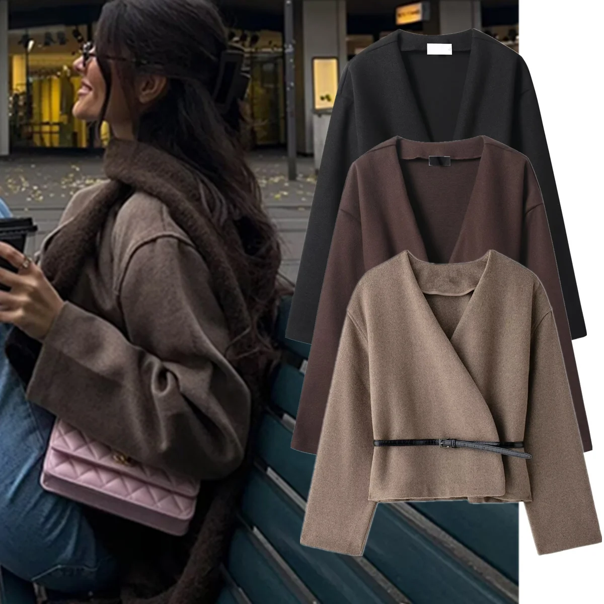 

Dave&Di, французское минималистское кимоно с запахом, куртка, женские топы, 2026, элегантная модная женская куртка с v-образным вырезом, женская одежда