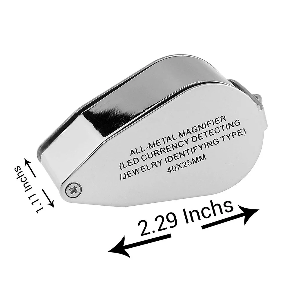 40X Illuminated Jeweler LED UV Lens Loupe Magnifier with Metal Construction and Optical Glass