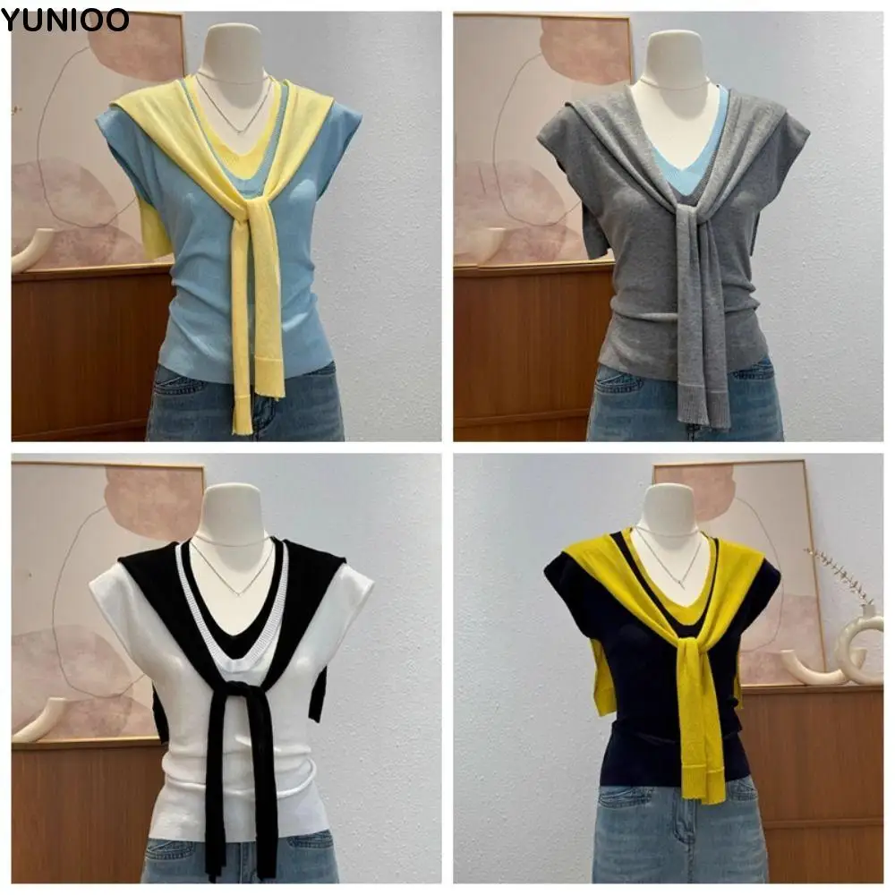 

Lace-up Fake Two Pieces T-shirts Patchwork V-neck Slim Knit Crop Top Korean Style Short Sleeve Sweet Girl's Tees Top Lady Girl