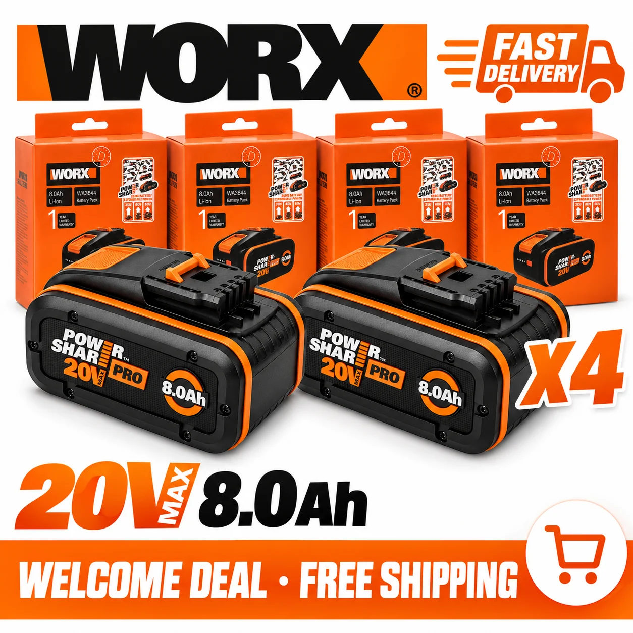 100% Genuine WORX 20V 8.0Ah Li-ion Battery Original PowerShare Replacement Battery for WORX Cordless Power Tools