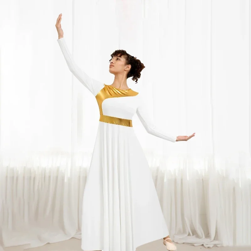 

Women Praise Dance Dress Long Sleeve Metallic Fit Full Length Liturgical Worship Costume