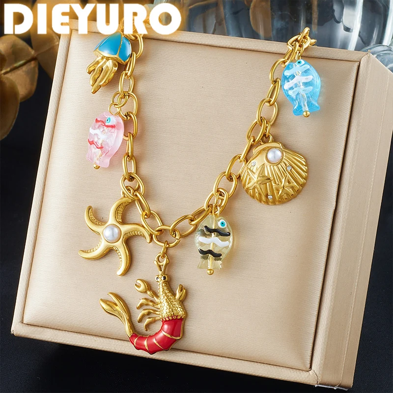 DIEYURO 316L Stainless Steel Colored Namel Lobster Scallop Jellyfish Acrylic Small Fish Necklace Lady Ocean Style Neck Chain