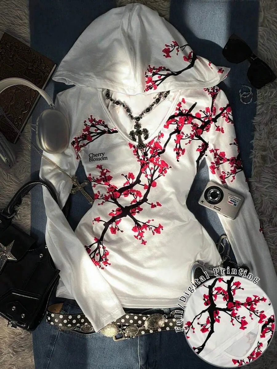 

Футболка с цветочным принтом, V-образным вырезом и капюшоном, облегающая, с длинным рукавом, из хлопка, повседневная, дышащая, женская, с принтом, топ с капюшоном