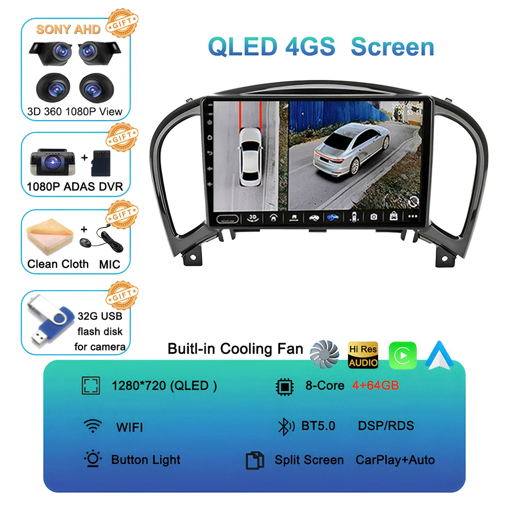 Android 16 videospeler Carplay Auto voor Nissan Juke YF15 2010 - 2014 Multimedia autoradio WiFi+4G DSP 2 DIN touchscreen