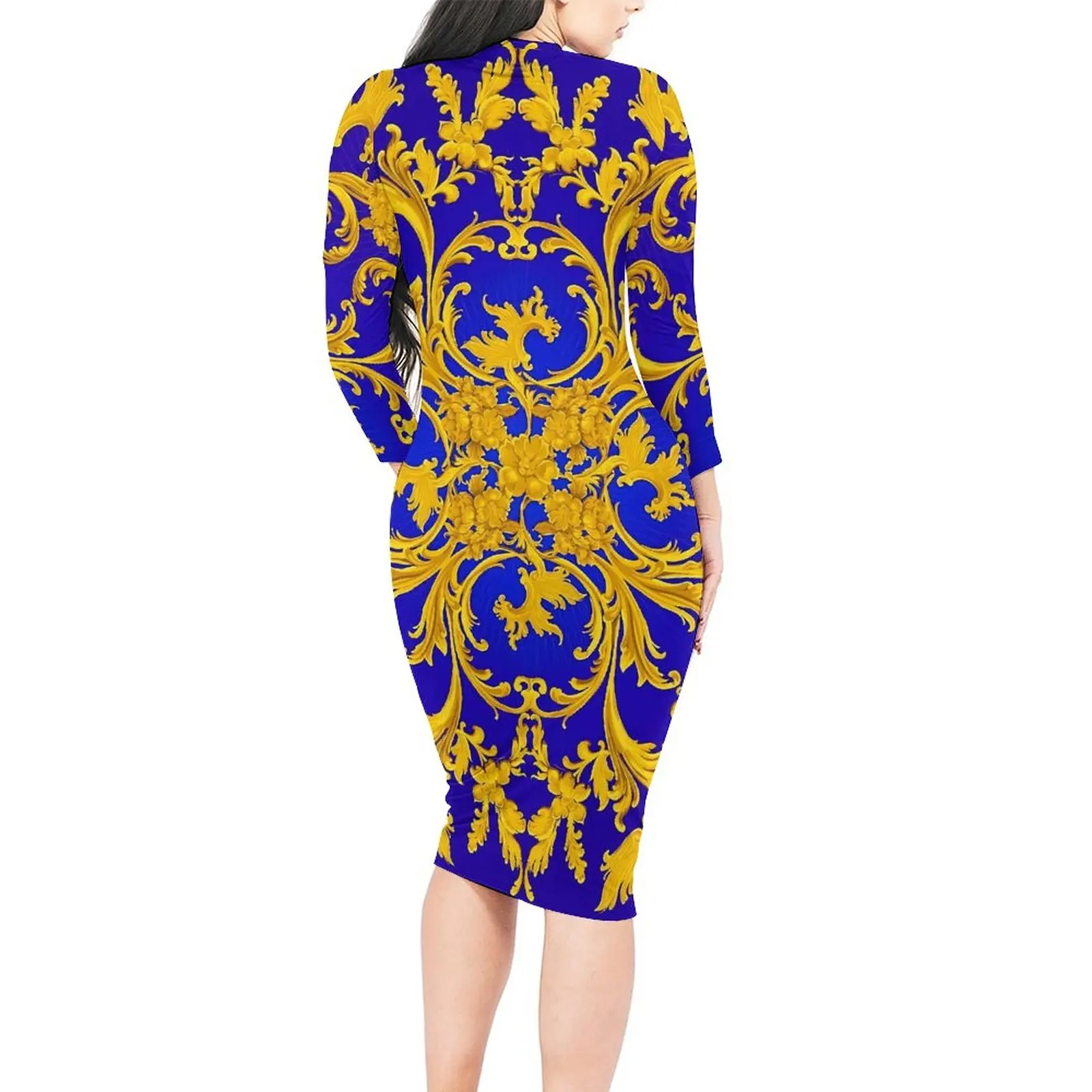 Baroque Print Dress Long Sleeve Blue and Gold Aesthetic Dresses Spring Sexy Bodycon Dress Female Graphic Big Size Clothes