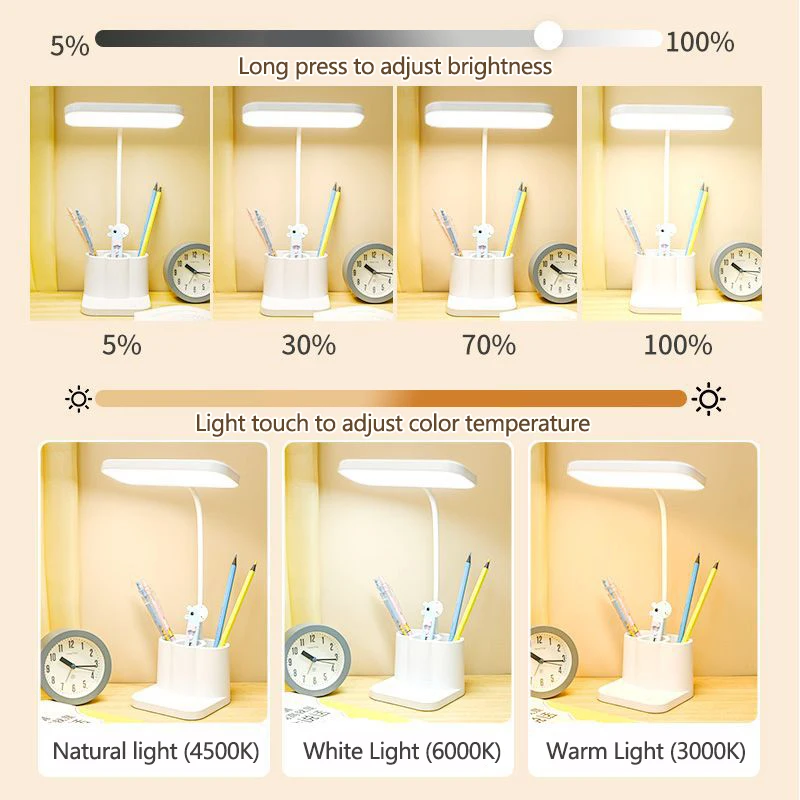 調節可能なLEDテーブルランプ,USB充電付き,タッチデスクランプ,3色,目の保護,寮,寝室,読書,常夜灯