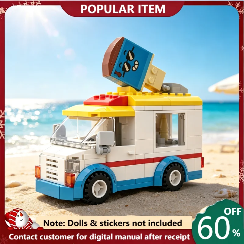 200PCS MOC City Cute Ice Cream Truck Vehicle Model Building Blocks DIY Assembly Gifts for Adults Collection Desktop