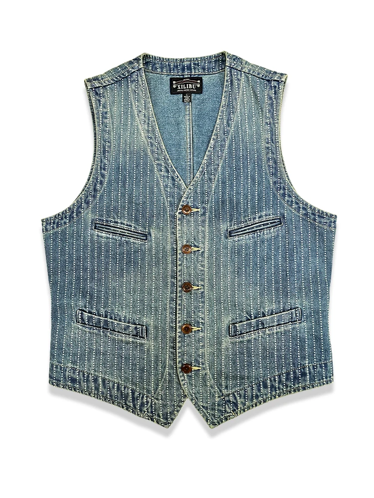 High Quality American Retro Denim Striped Vest Dyed Distressed Niche All-Match Casual