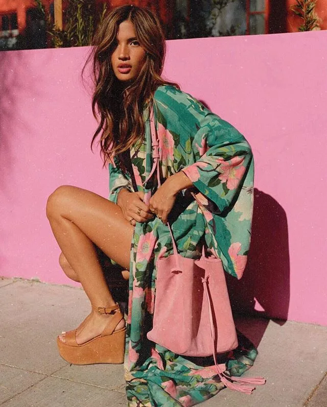 

Cotton Bikini Sweet Lady Pink Sexy Boho Print Self Belted Front Open Long Kimono Dress Beach Tunic Women Wrap Dresses For Lady