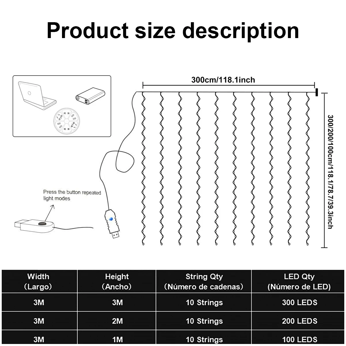 1pc Curtain Lights, 300 LED Curtain Fairy String Lights With Remote, USB 8 Modes 9.8 × 9.8 Ft , Waterproof, Window Room Decor