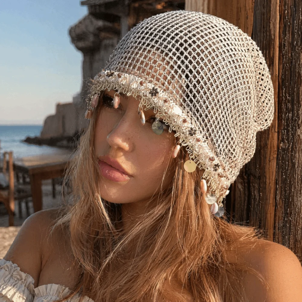 Lightweight Shell Charm Wrap Beanie Thin Large Head Size Hollow Out Slouchy Hat Breathable Pullover Design Fringe Skullcap