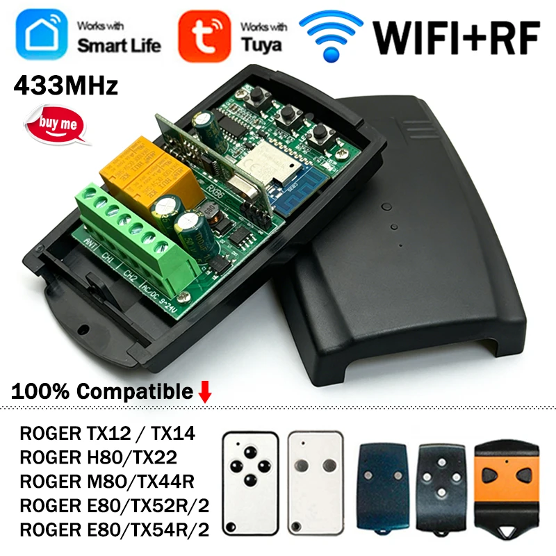 New Tuya Smart Switch Module 2CH WIFI Receiver For ROGER E80 TX52R TX54R M80 TX44R H80 TX22 TX12 433.92MHz Garage Remote Control