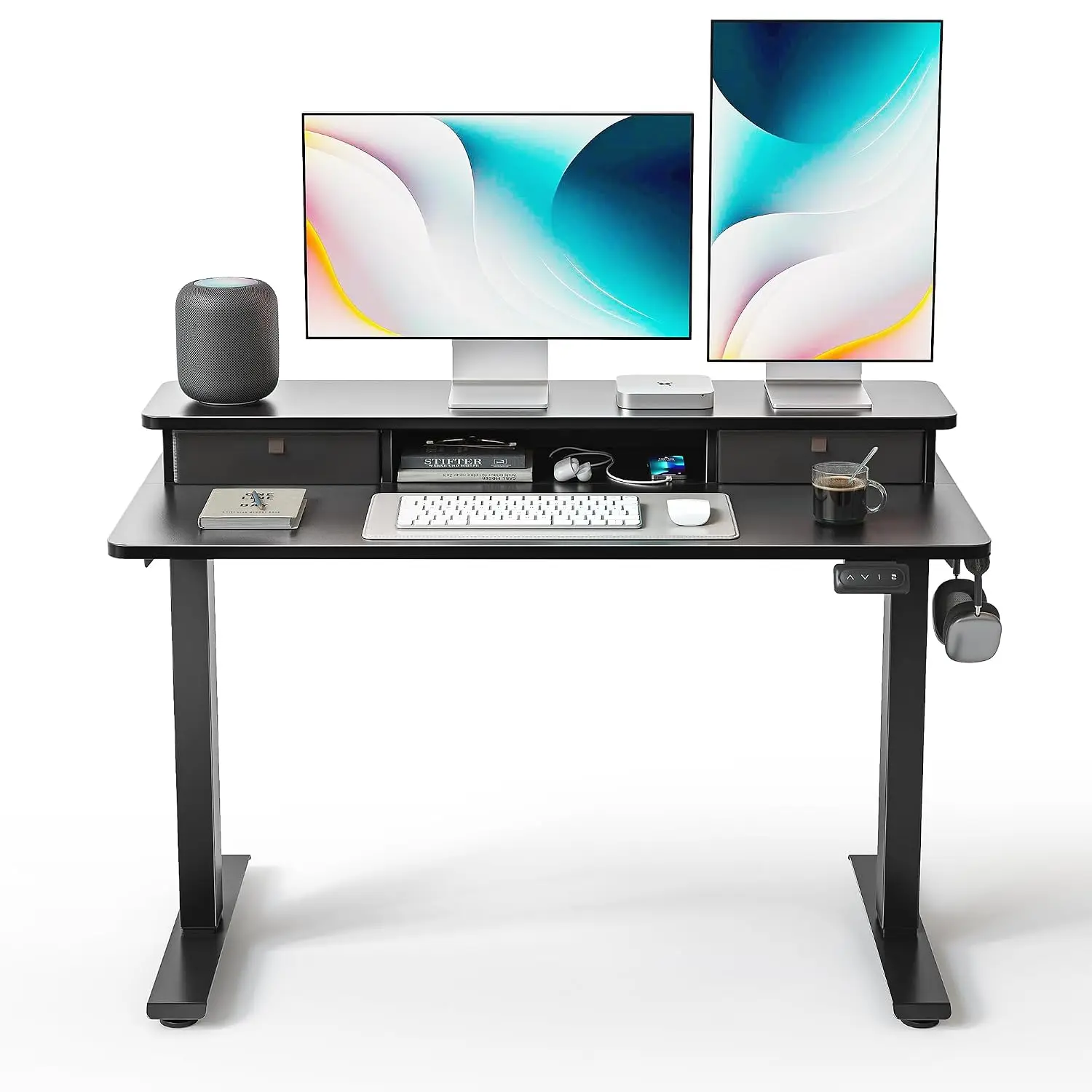 Height Adjustable Electric Standing Desk with Drawer, 48x24 Inch Home Office Desk with Leveling Feet & Hooks, Customized