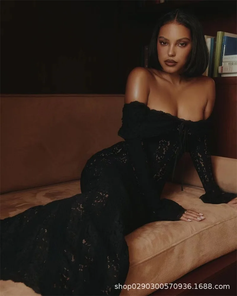 Abito da ballo da donna in pizzo bianco con fodera con spalle scoperte maniche lunghe abito da festa abiti lunghi tubino abito da sera formale per ospiti a sirena