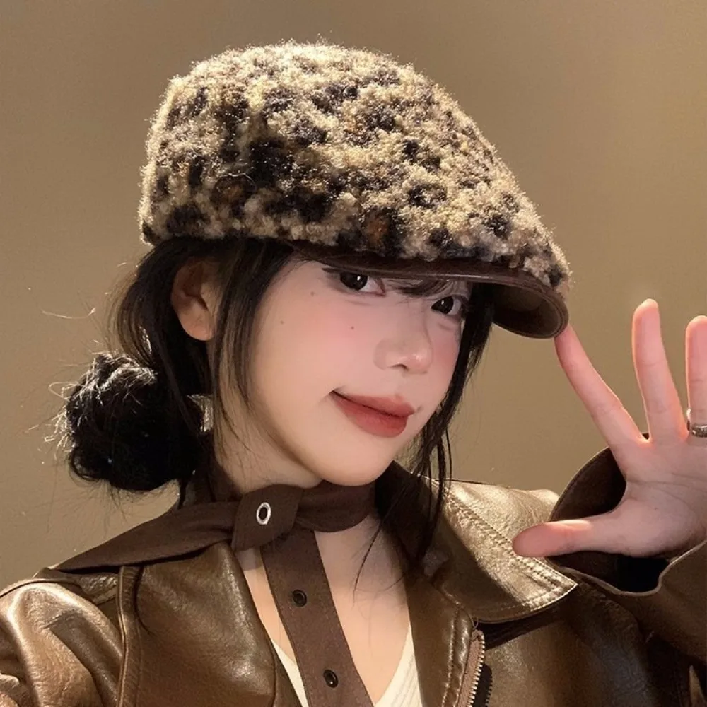 

Vintage Adjustable Lamb Wool Berets Hat Pu Leather Brim Y2k Leopard Print Berets Painter Street Women Newsboy Caps Autumn Winter
