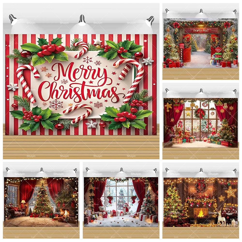 

Merry Christmas Santa Window Xmas Tree Fireplace Backdrop Decoration Winter Snowman New Year Photography Background Party Supply