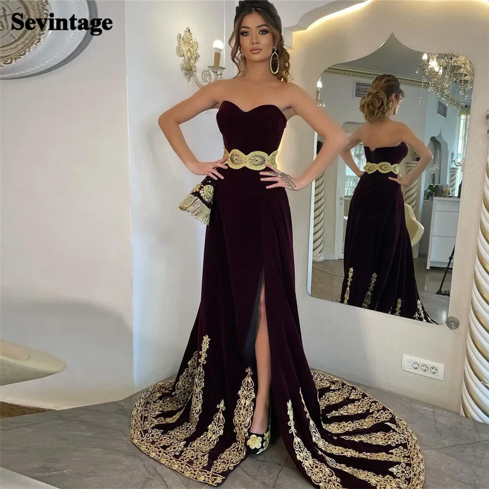 Sevintage Elegant A-Line Evening Dress Strapless Lace Appliques Belt Prom Gown High Side Slit Floor Length Algerian Outfit 2024