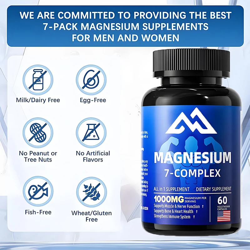 7-in-1 Magnesium Glycine, Citric Acid, Malic Acid, Chelate, Taurine, Orotate Zinc Aspartate and Vitamin D3, B6 60 capsules