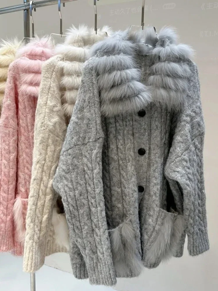 Nuovo autunno inverno abbigliamento lavorato a maglia donna sciolto vera pelliccia di volpe giacca moda maglieria cardigan oversize maglione femminile