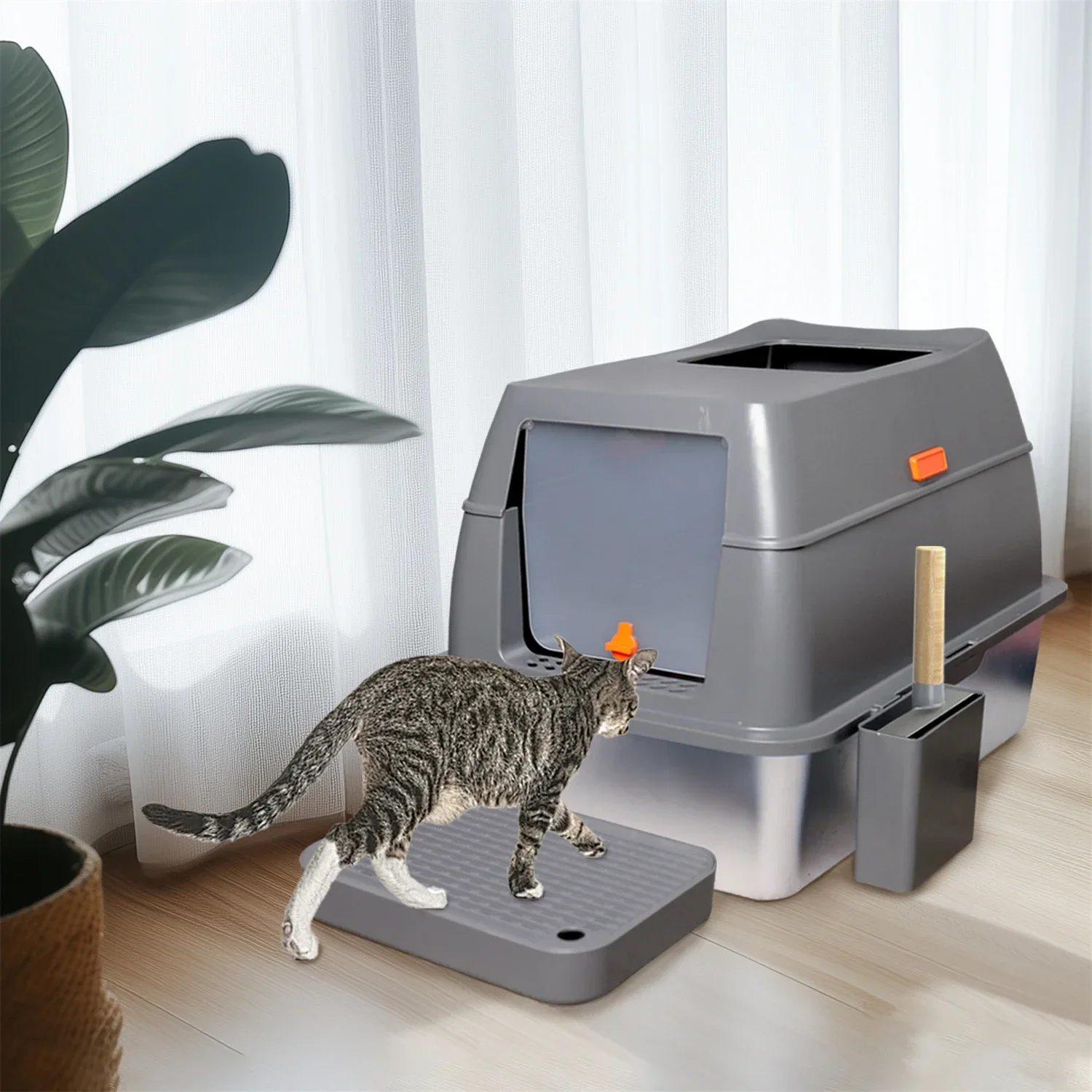 Enclosed Stainless Steel Cat Litter Box with Lid Extra Large for Big Cats Kitty Metal Litter Pan Tray High Wall Sides