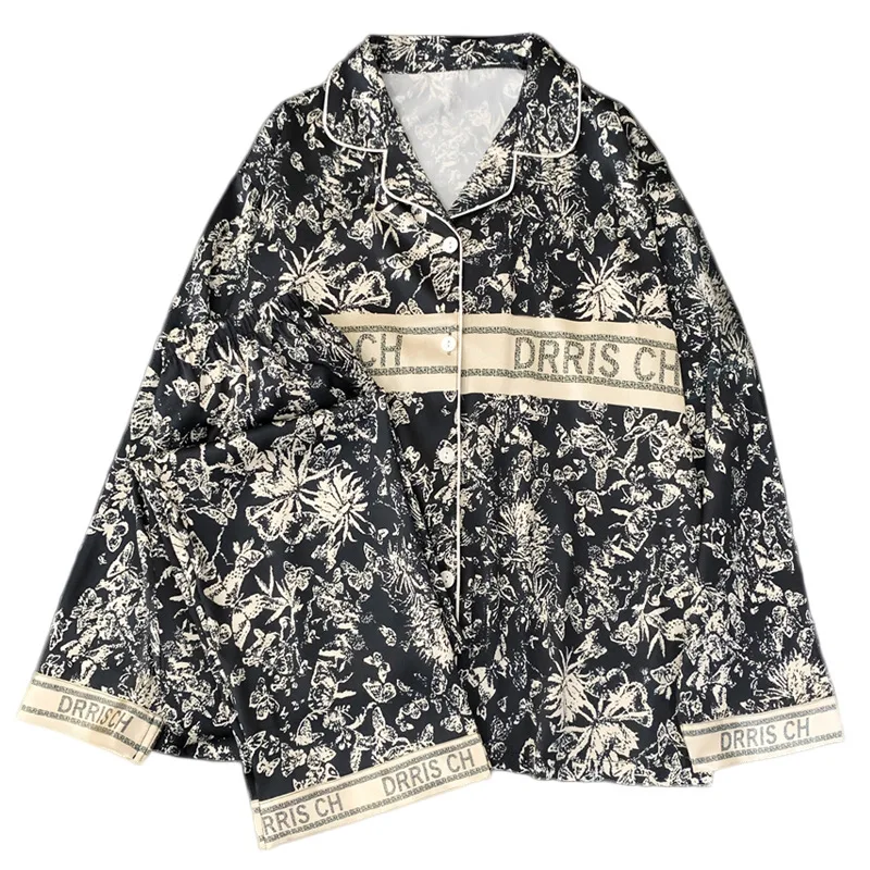 Spring and Autumn New Ladies Ice Silk Pajamas Homewear Suit Women Fashion Long-Sleeved Trousers Senior Sense of Homewear Suit