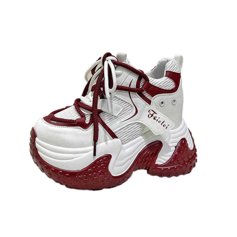 Women New Autumn Chunky Sneakers 9.5CM Hidden Heels Platform Sports Dad Shoes Woman Lace-Up Breathable Mesh Walking Casual Shoes