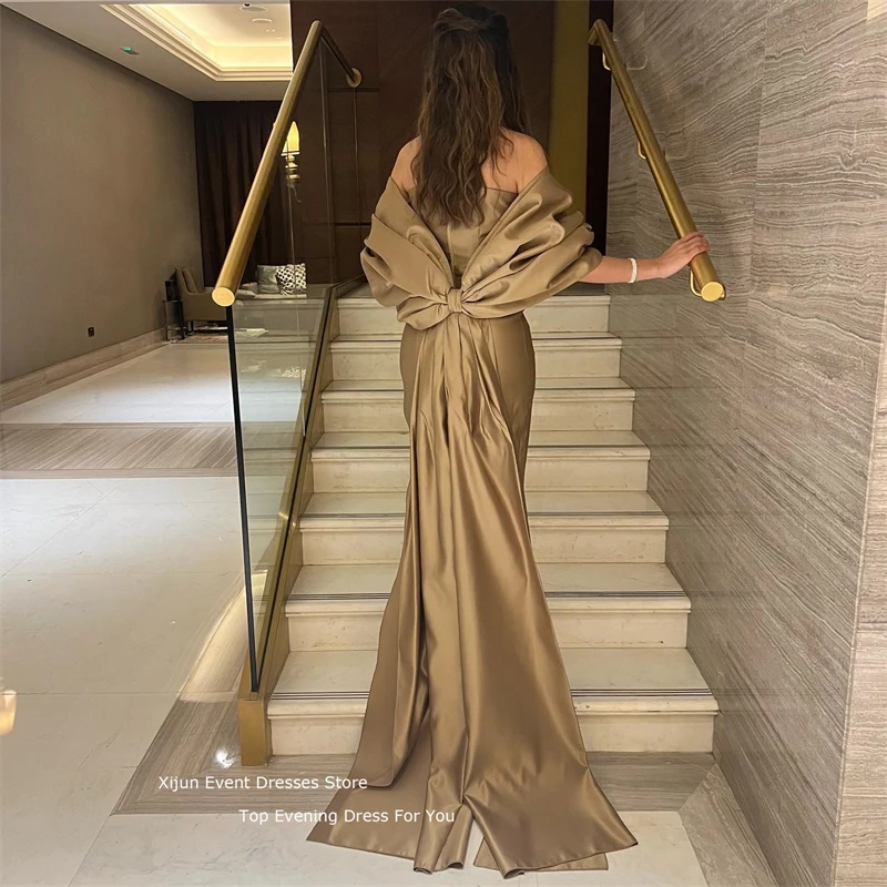 Xijun Mermaid Evening Dresses Champagn Satin Beads Bow Train Prom Gowns Sweetheart Gogerous Prom Dresses Dubai 2023 For Women