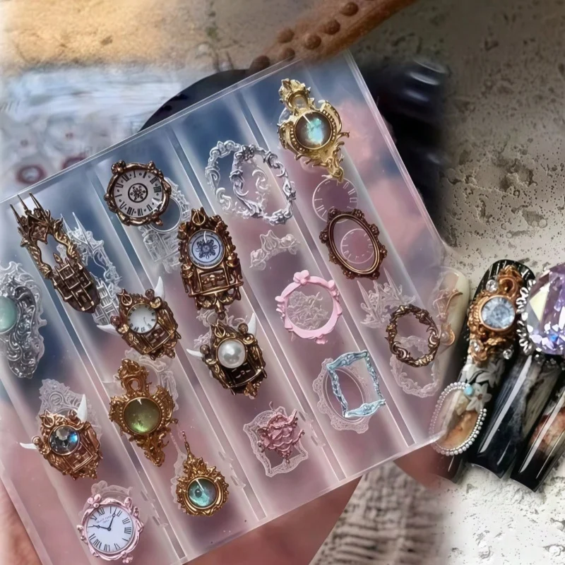 Elegant European Clock Frame Nail Art Mold Vintage Gear Pattern 3D Mechanical Style Transparent Silicone Mold for Nail Decoratio