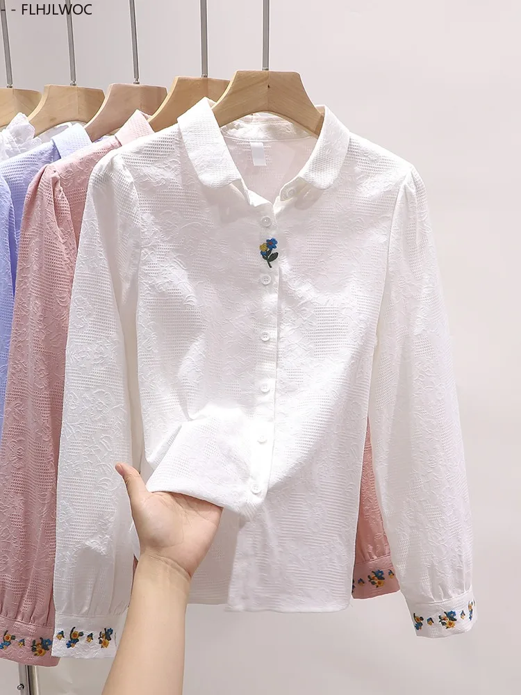 Blusas bordadas de algodão, blusas fofas para meninas, estilo preppy, retrô, vintage, gola peter pan, sólido, azul, rosa, branco, camisas básicas