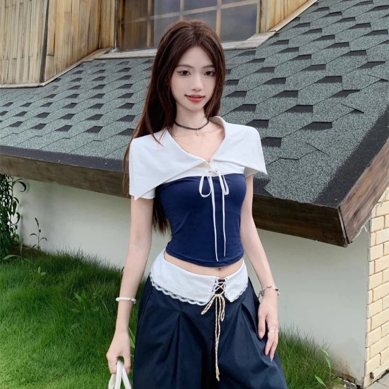 Patchwork Slim Lacing Short Sleeve Tops Summer New High Street Youth Short T Shirts Fashion Women Clothing