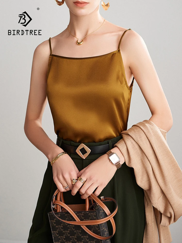 

Женский топ на бретелях Birdtree, 93% натуральный шелк, 2024, весна-лето, сатиновая подкладка, однотонный, облегающий, Повседневный, Сексуальный Топ, верхняя одежда P41202QC
