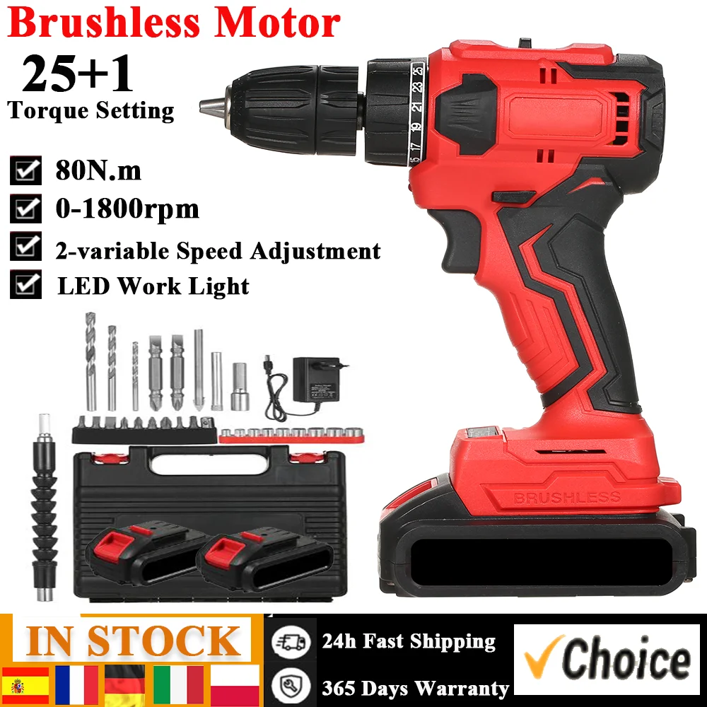 21V Brushless Lithium Drill Set 3/8in Chuck Heavy Duty Electric Drill Power Screwdriver with Bits Sleeves Extension Shaft LED