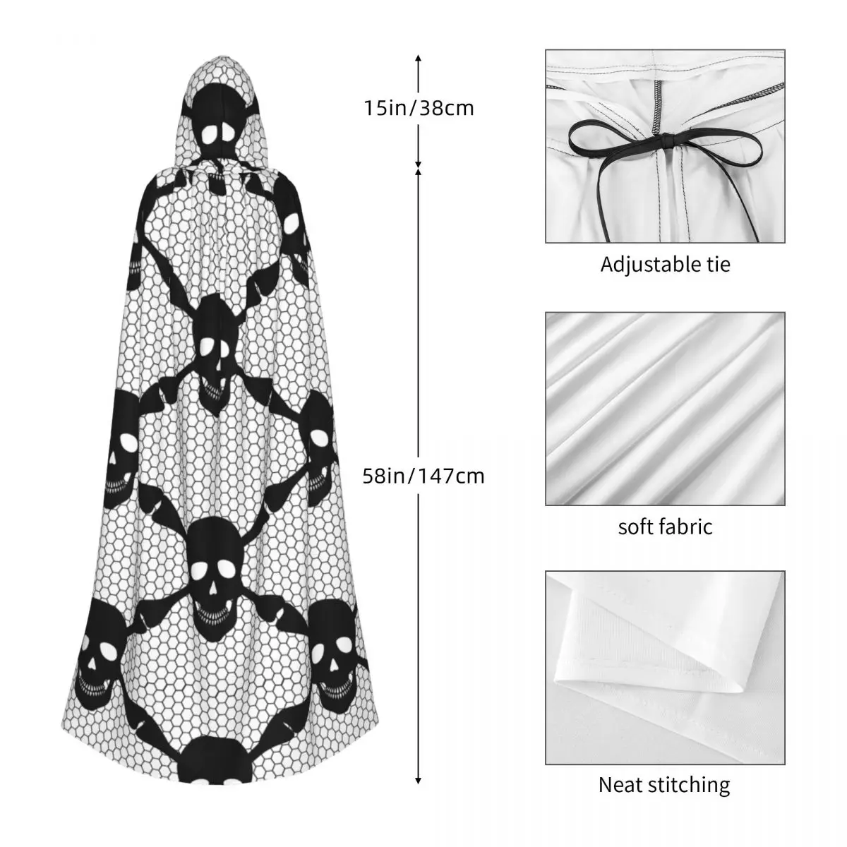 Lace Seamless Pattern Of Black Skulls Adult Cloak Cape Hooded Medieval Costume Witch Wicca Vampire Elf Purim Carnival Party image 5