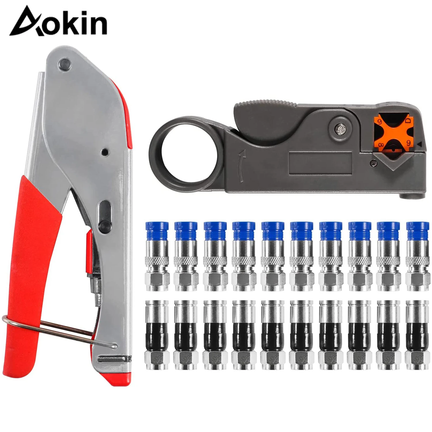 Coaxial cabo Crimper Tool Kit, Conjunto de ferramentas de compressão coaxial, Coax Stripper com conectores F, RG6, RG59, 20pcs