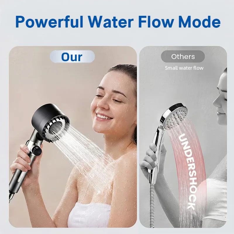 High Pressure Rain Shower Head Set 3 Pcs Wall Mounted Handheld Shower Combo Black Durable Plastic Polished Finish Ergonomic Bathroom Shower Accessory