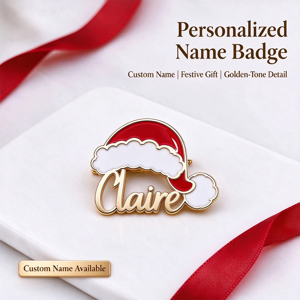 Customized Christmas Santa Hat Name Badge, Personalized Name Pin Badge, Can Customize Multiple Names, Custom Holiday Gifts for Christmas Parties