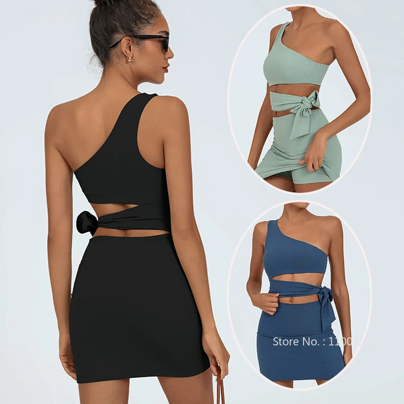 

Summer Tennis Wear Womens Dresses One Shoulder Bodycon Woman Gym Dresses with Short and Bra Jumpsuit Lady Sport Yoga Skirt