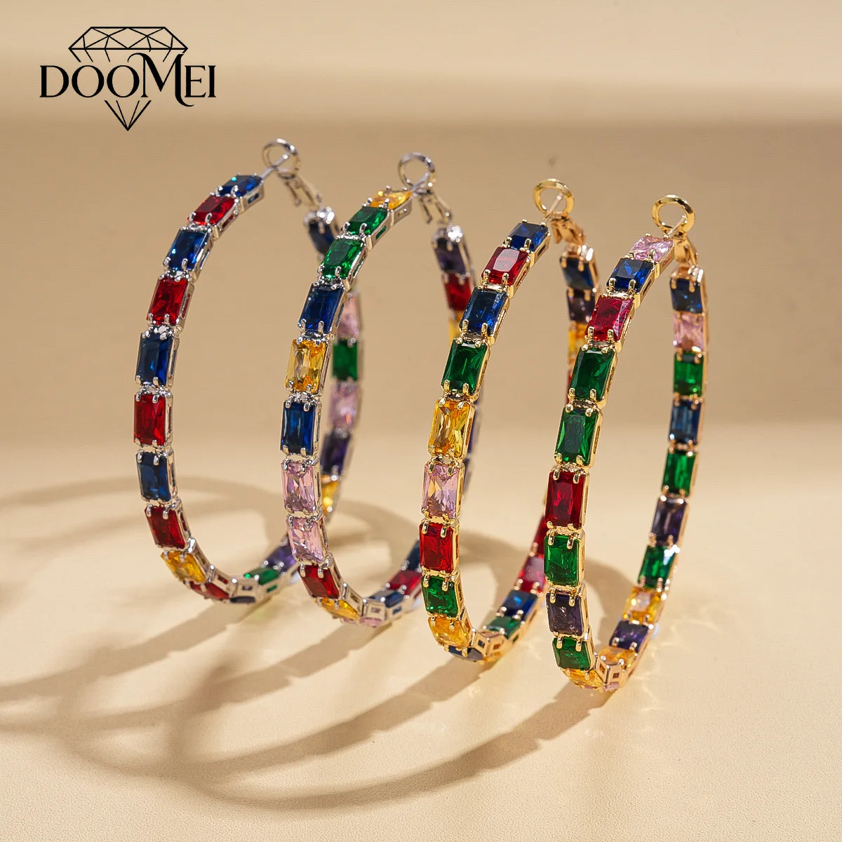 DOO MEI Shiny Colorful Zircon Earring for Geometric Big Circle Hoop Earrings Retro Daily Party Dating Ear Jewelry Gifts