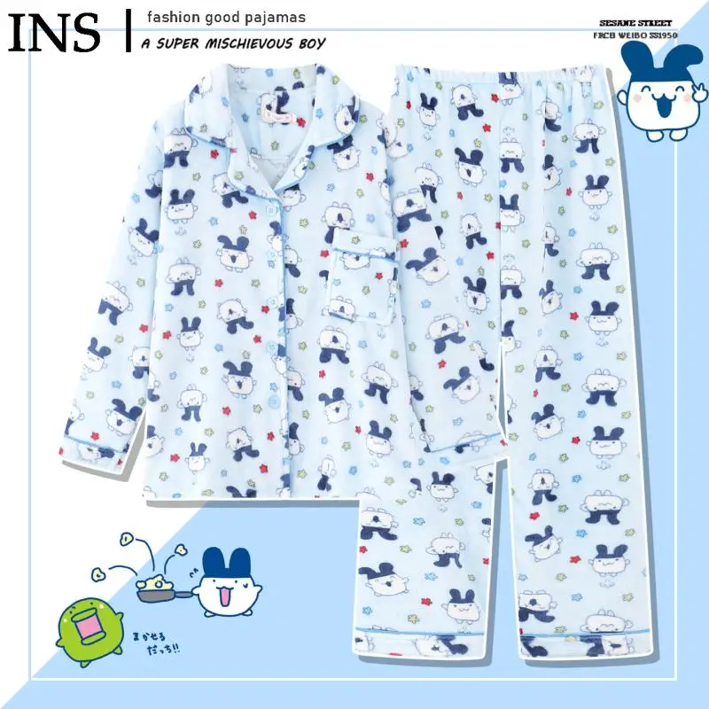 Ensemble de pyjama Tamagotchi Cartoon pour femmes, col à revers, manches longues, pantalon long, ensemble 2 pièces, imprimé anime kawaii, vêtements de détente pour la maison et le sommeil.