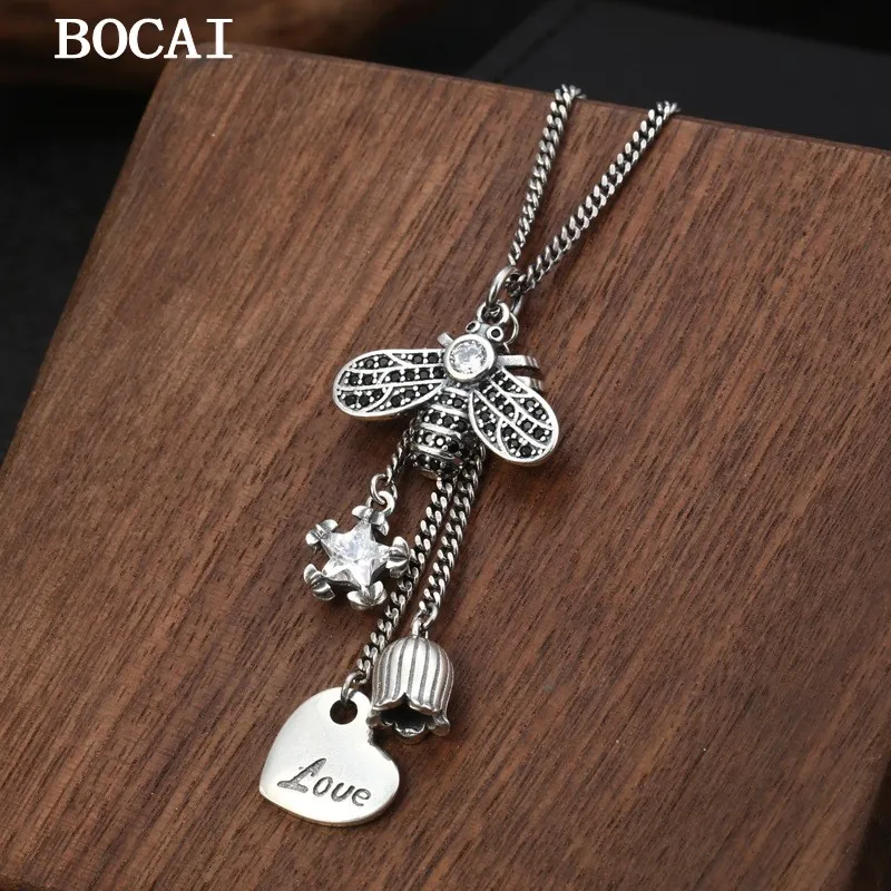 

BOCAI New S925 Sterling Silver Fashionable Personalized Multi Element Inlay Little Bee Chain Set Women's Gift